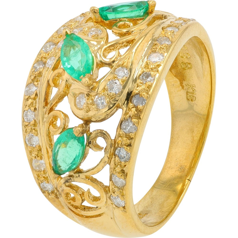 18K Yellow Gold Marquise-Cut Emerald Ring with Diamond-Accented Scrollwork - 0.38 Carat Total Emerald Weight and 0.30 Carat Total Diamond Weight