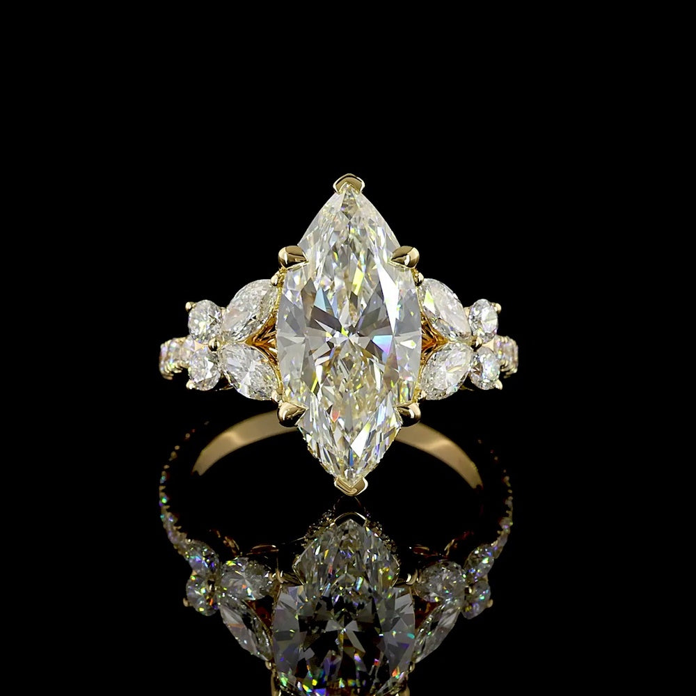 18K Yellow Gold Marquise Cut Hidden Halo Ring with Leaf Cluster Side Stones - 3.54 Carats Center Lab Diamond F VS1 & 4.74 Carats Total Diamond Weight - Covaloro Fine Jewelry