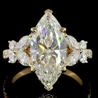 18K Yellow Gold Marquise Cut Hidden Halo Ring with Leaf Cluster Side Stones - 3.54 Carats Center Lab Diamond F VS1 & 4.74 Carats Total Diamond Weight - Covaloro Fine Jewelry