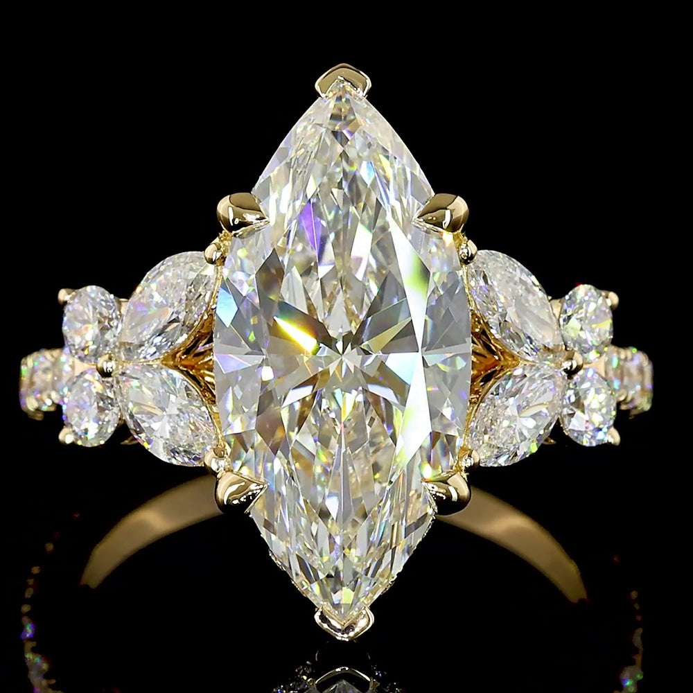 18K Yellow Gold Marquise Cut Hidden Halo Ring with Leaf Cluster Side Stones - 3.54 Carats Center Lab Diamond F VS1 & 4.74 Carats Total Diamond Weight - Covaloro Fine Jewelry