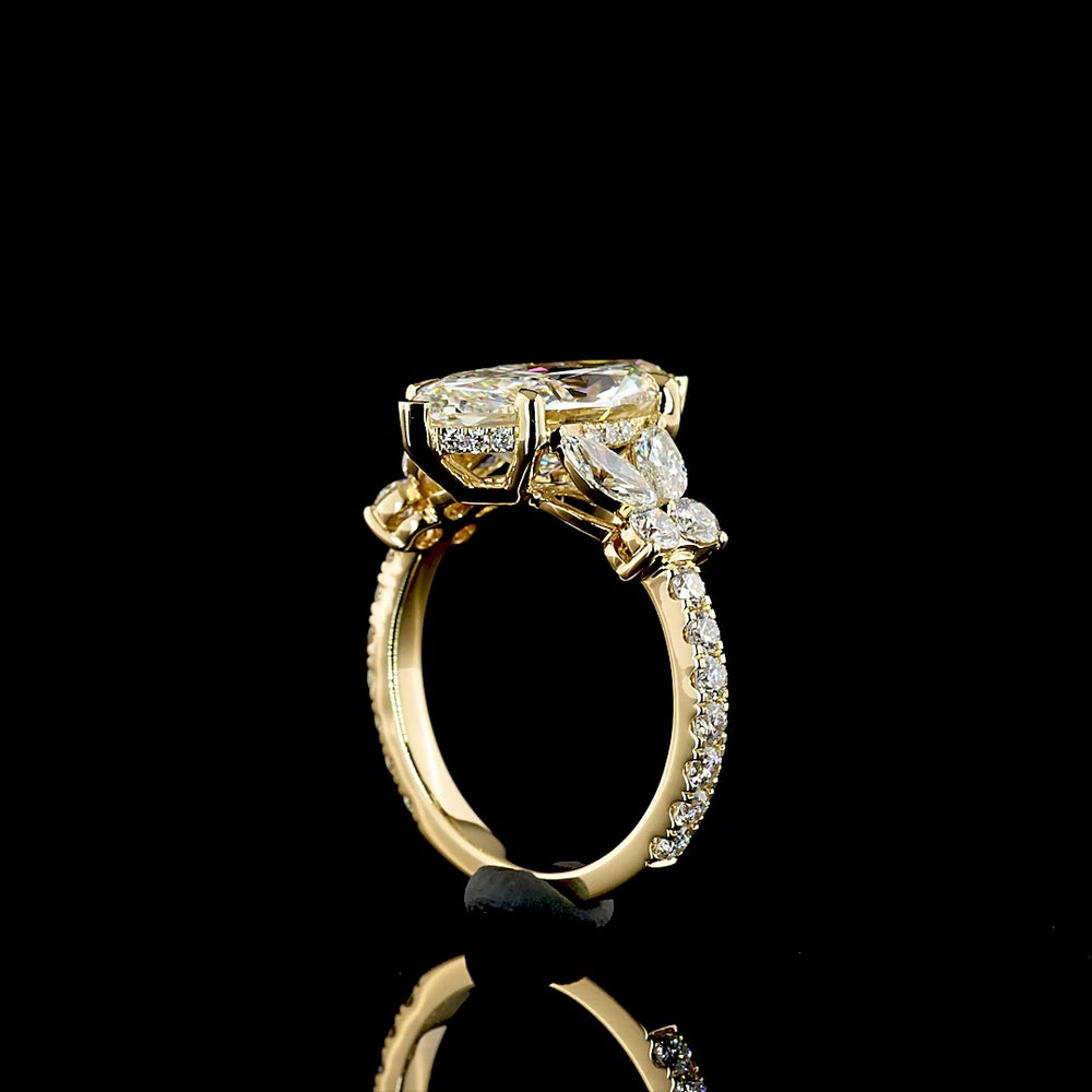 18K Yellow Gold Marquise Cut Hidden Halo Ring with Leaf Cluster Side Stones - 3.54 Carats Center Lab Diamond F VS1 & 4.74 Carats Total Diamond Weight - Covaloro Fine Jewelry