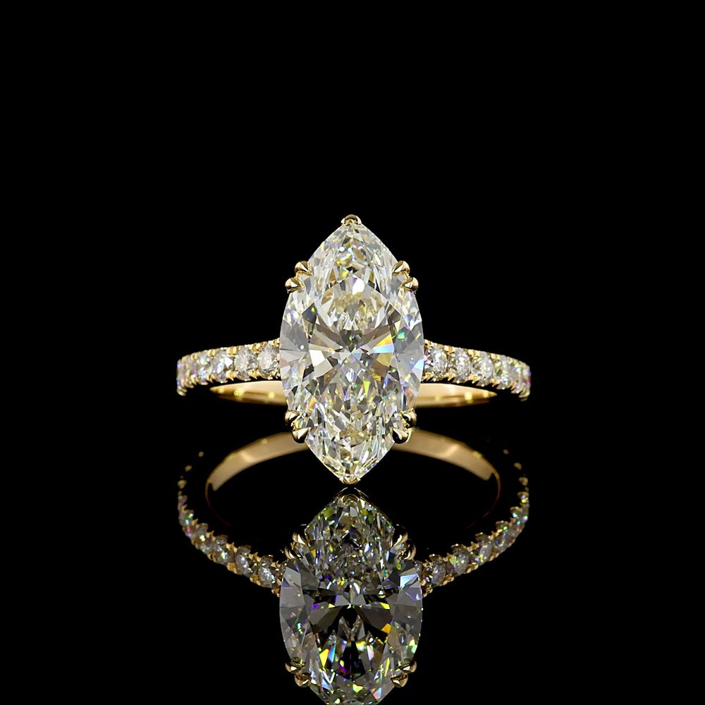 18K Yellow Gold Marquise Cut Lab Diamond Hidden Halo Ring - 3.13 Carat Center Stone with Pavé Band and Total 3.68 Carats - IGI Certified E VVS2 - Covaloro Fine Jewelry