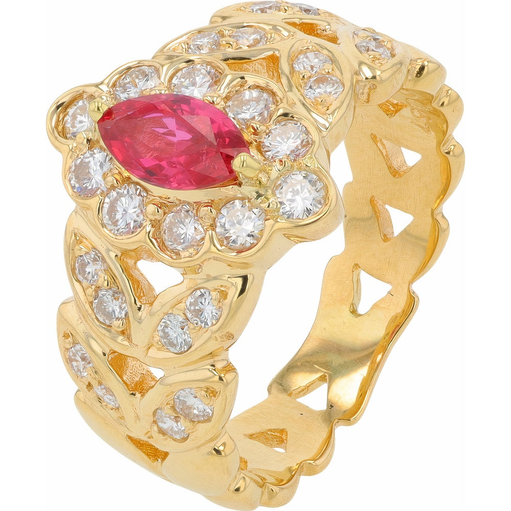 18K Yellow Gold Marquise-Cut Ruby and Diamond Halo Ring - 0.53 Carat Ruby and 0.67 Carat Diamond Total Weight