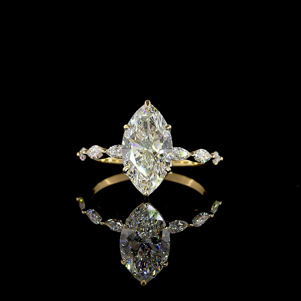 18K Yellow Gold Marquise Cut Solitaire Diamond Shank Ring with 2.53 Carat D VVS2 Center and 0.36 Carat Accent Stones - 2.89 Carat Total Diamond Weight - Covaloro Fine Jewelry
