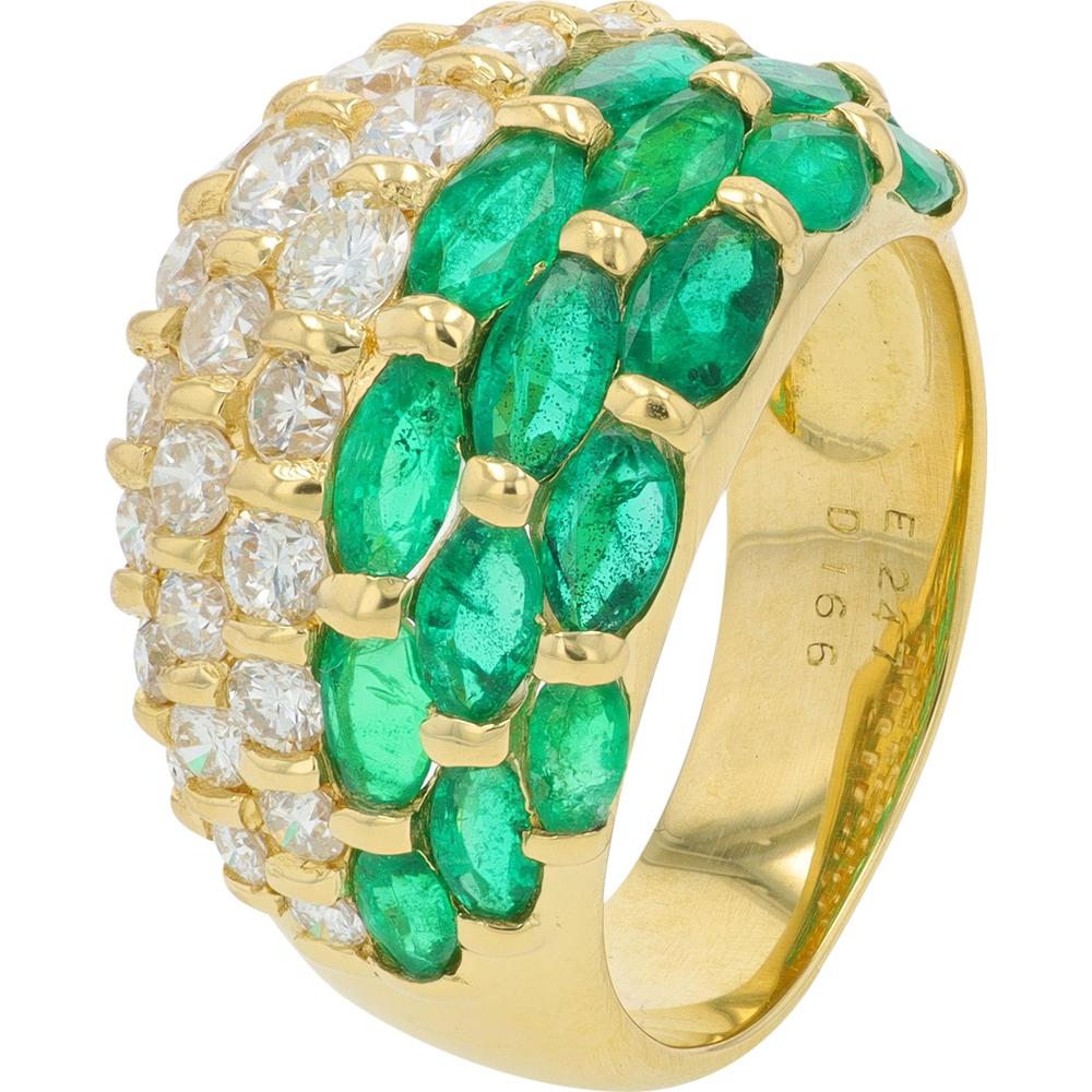 18K Yellow Gold Marquise Emerald Ring with 2.47 Carat Emeralds and 1.66 Carat Round Diamonds