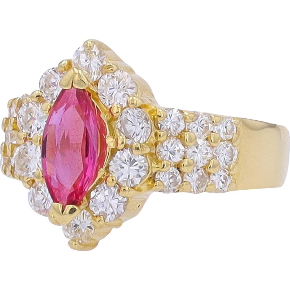 18K Yellow Gold Marquise Ruby and Diamond Halo Ring - 0.55 Carat Ruby, 1.25 Carat Total Diamond Weight