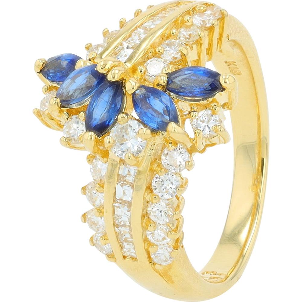 18K Yellow Gold Marquise Sapphire & Diamond Ring - 0.73 Carat Sapphire, 0.91 Carat Diamond