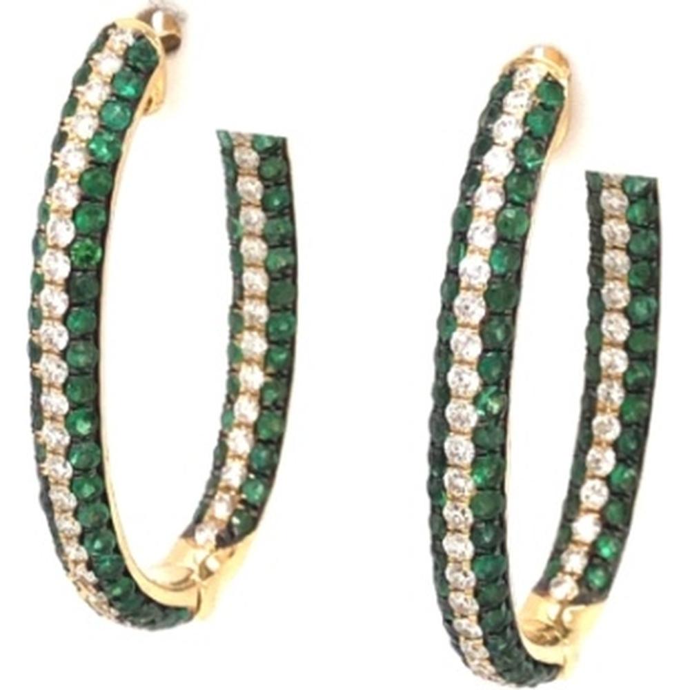 18K Yellow Gold Medium Hoop Earrings with Emerald and Diamond Rows by Afarin