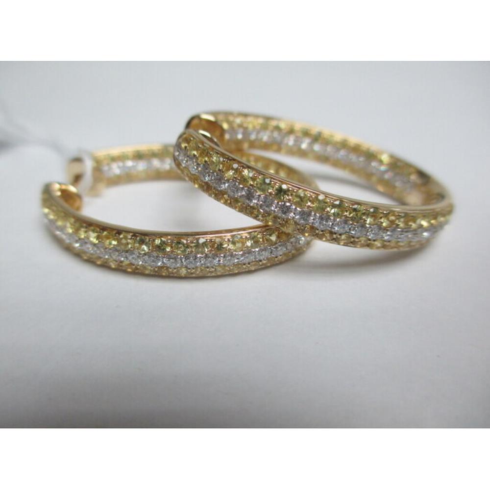18K Yellow Gold Medium Hoop Earrings with Pavé Diamonds and Yellow Sapphires by Afarin