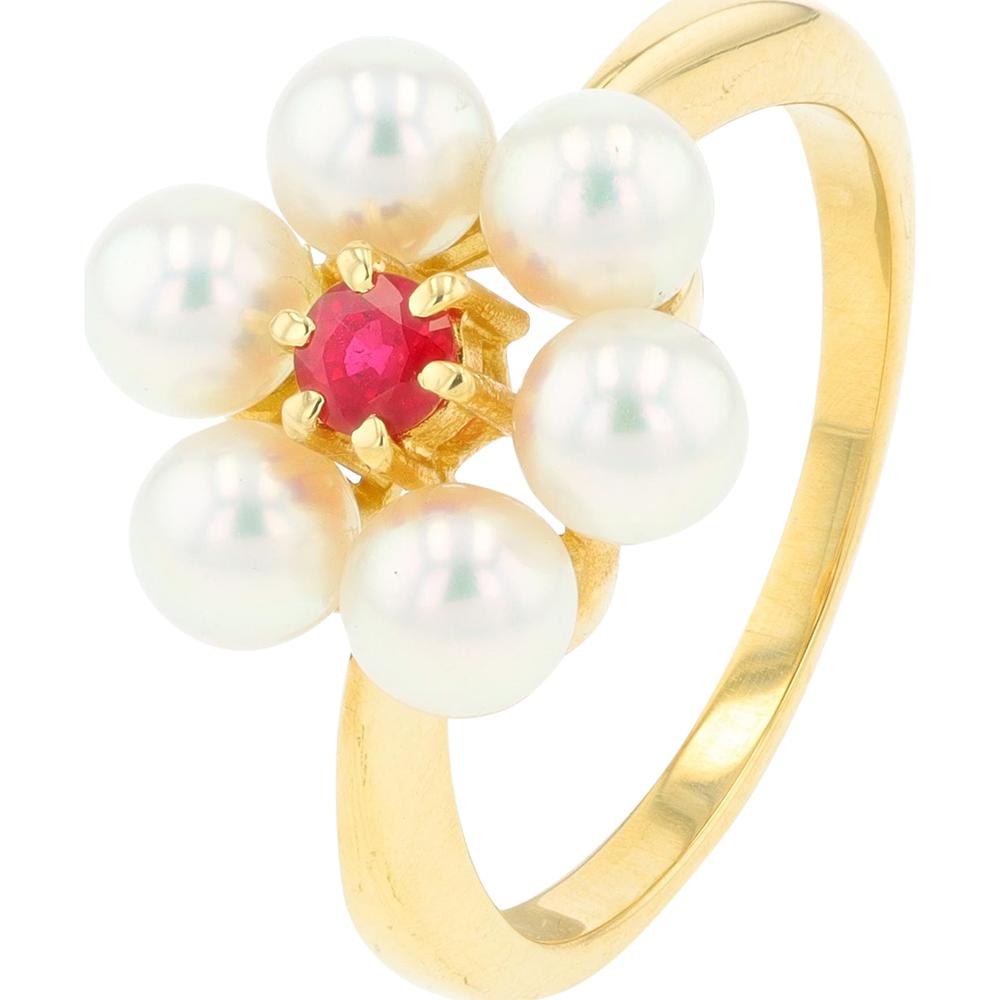 18K Yellow Gold Mikimoto 3mm Pearl Flower Ring with Ruby Accent - 0.16 Carat Total Ruby Weight
