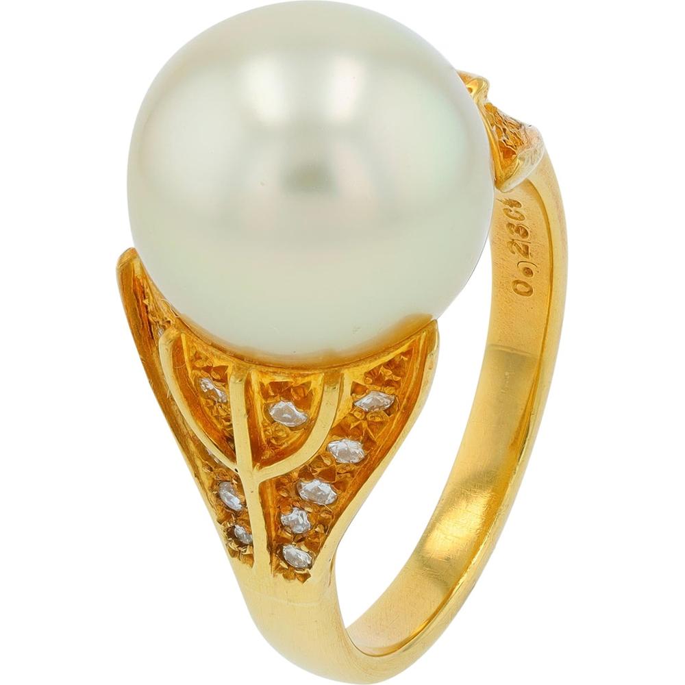 18K Yellow Gold Mikimoto Ring with 11.50 MM Pearl and Diamond Accents - 0.23 Carats Total Diamond Weight