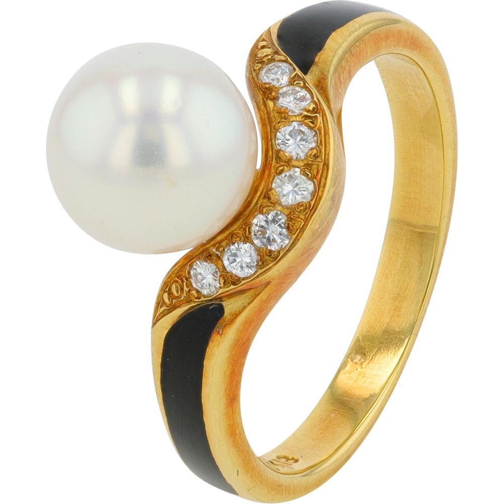 18K Yellow Gold Mikimoto Ring with 7.8mm Akoya Pearl, Enamel Accent, and 0.07 Carat Diamond