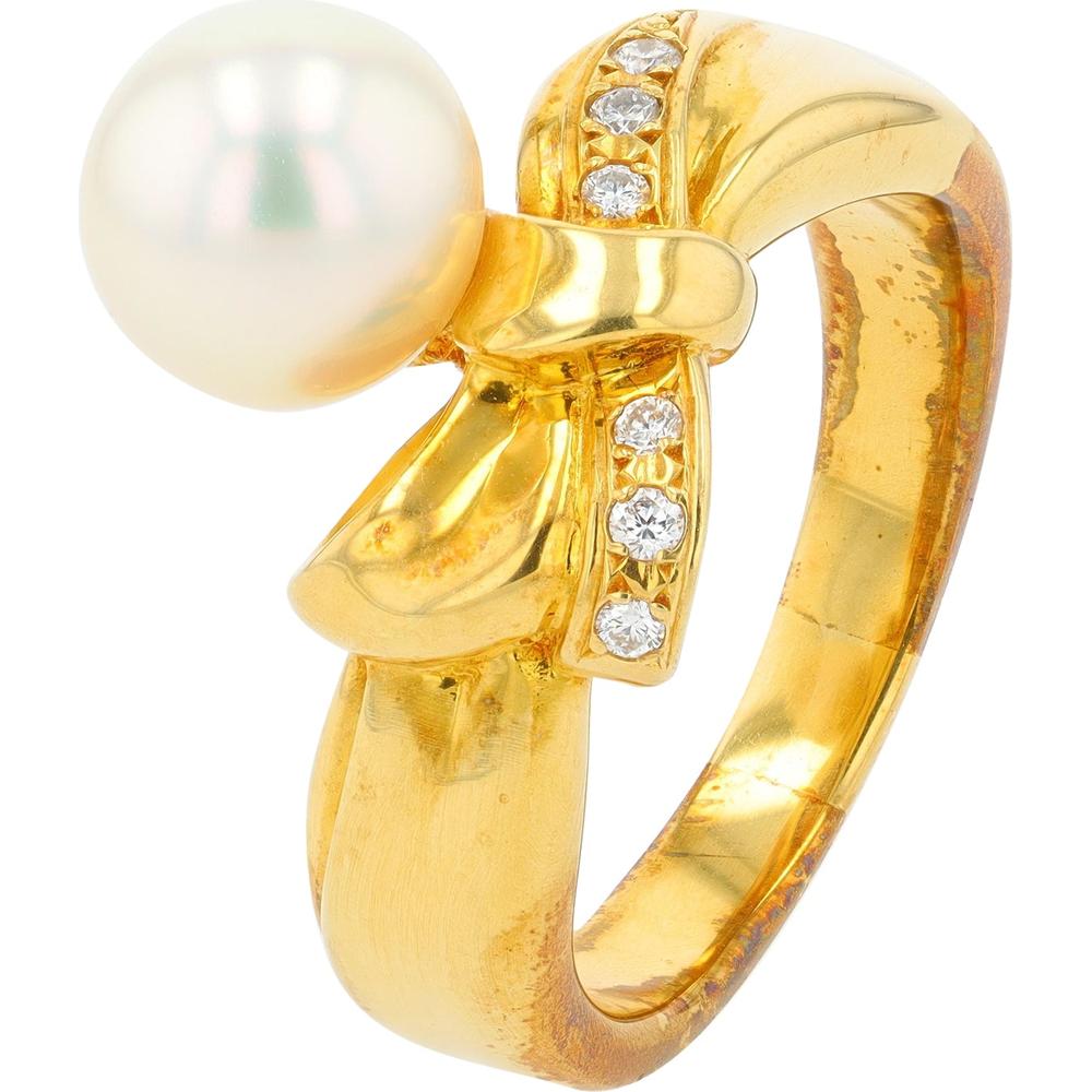 18K Yellow Gold Mikimoto Ring with 8mm Akoya Pearl and Diamond Accents
