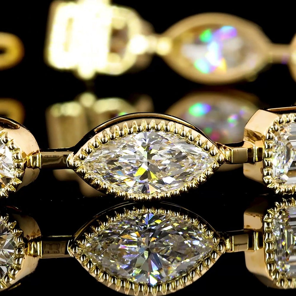 18K Yellow Gold Mixed Shape Station Bracelet with Bezel Set Emerald, Oval, and Marquise Cut Lab Diamonds - 9.94 Carats Total Diamond Weight - Covaloro Fine Jewelry