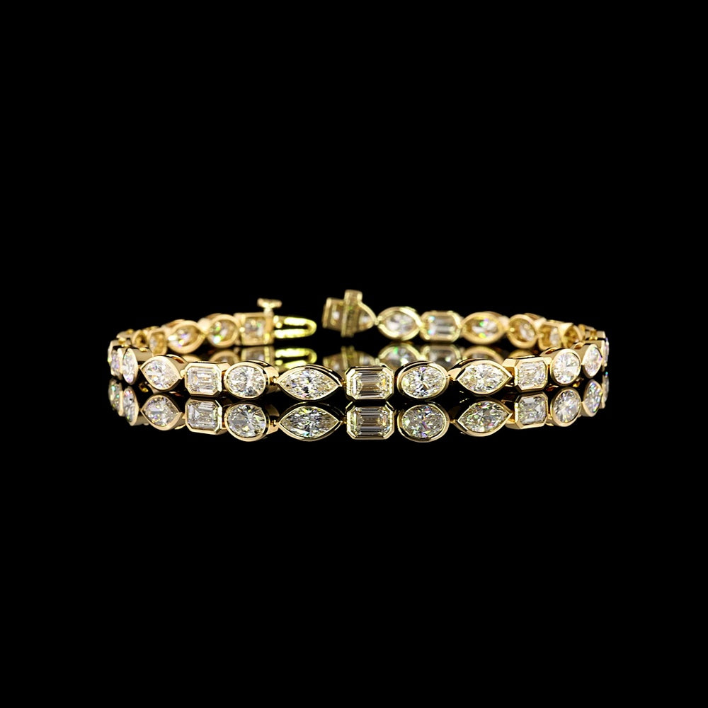 18K Yellow Gold Mixed Shape Tennis Bracelet with Bezel-Set Emerald, Marquise, and Oval Lab Diamonds - 8.26 Carats Total Diamond Weight - Covaloro Fine Jewelry