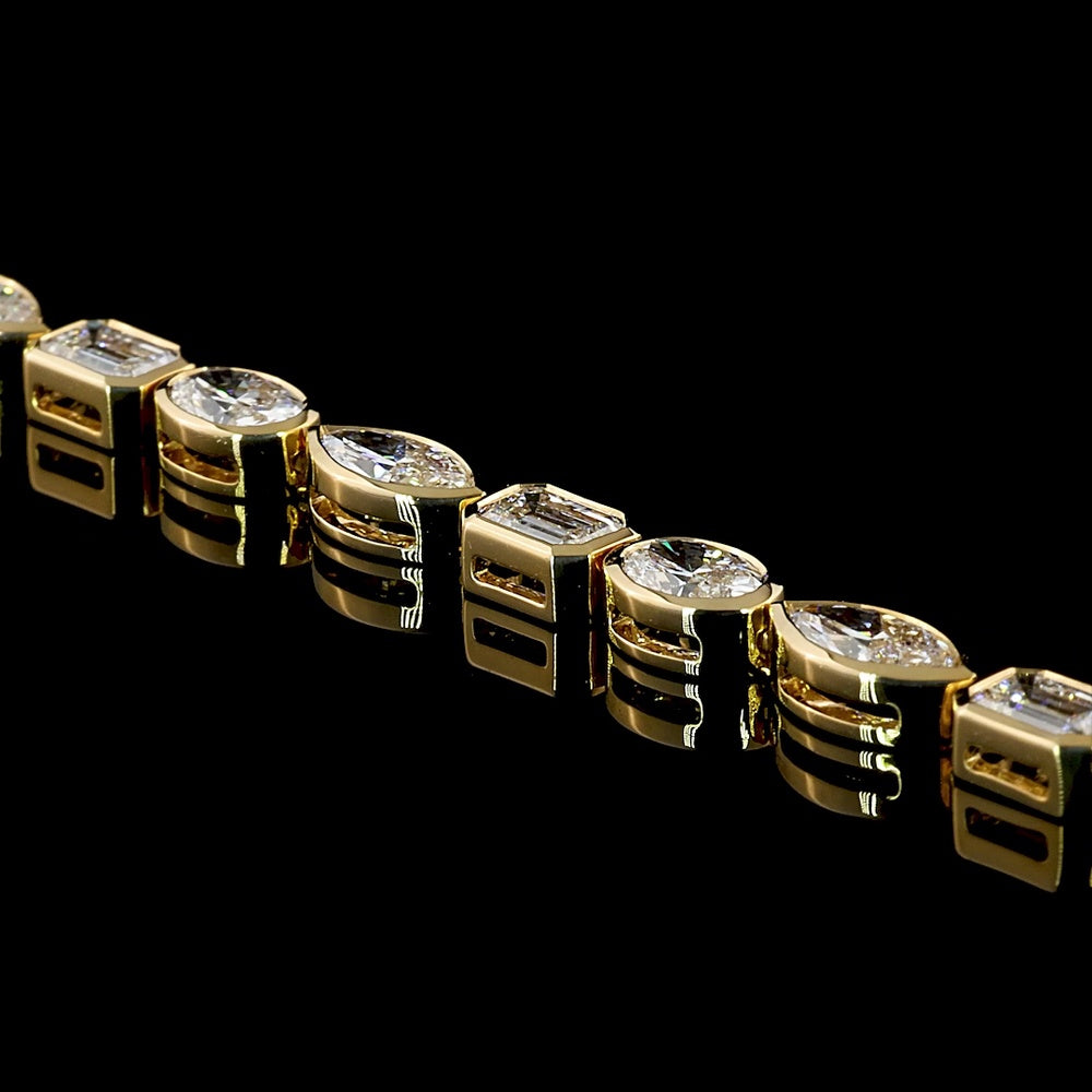18K Yellow Gold Mixed Shape Tennis Bracelet with Bezel-Set Emerald, Marquise, and Oval Lab Diamonds - 8.26 Carats Total Diamond Weight - Covaloro Fine Jewelry
