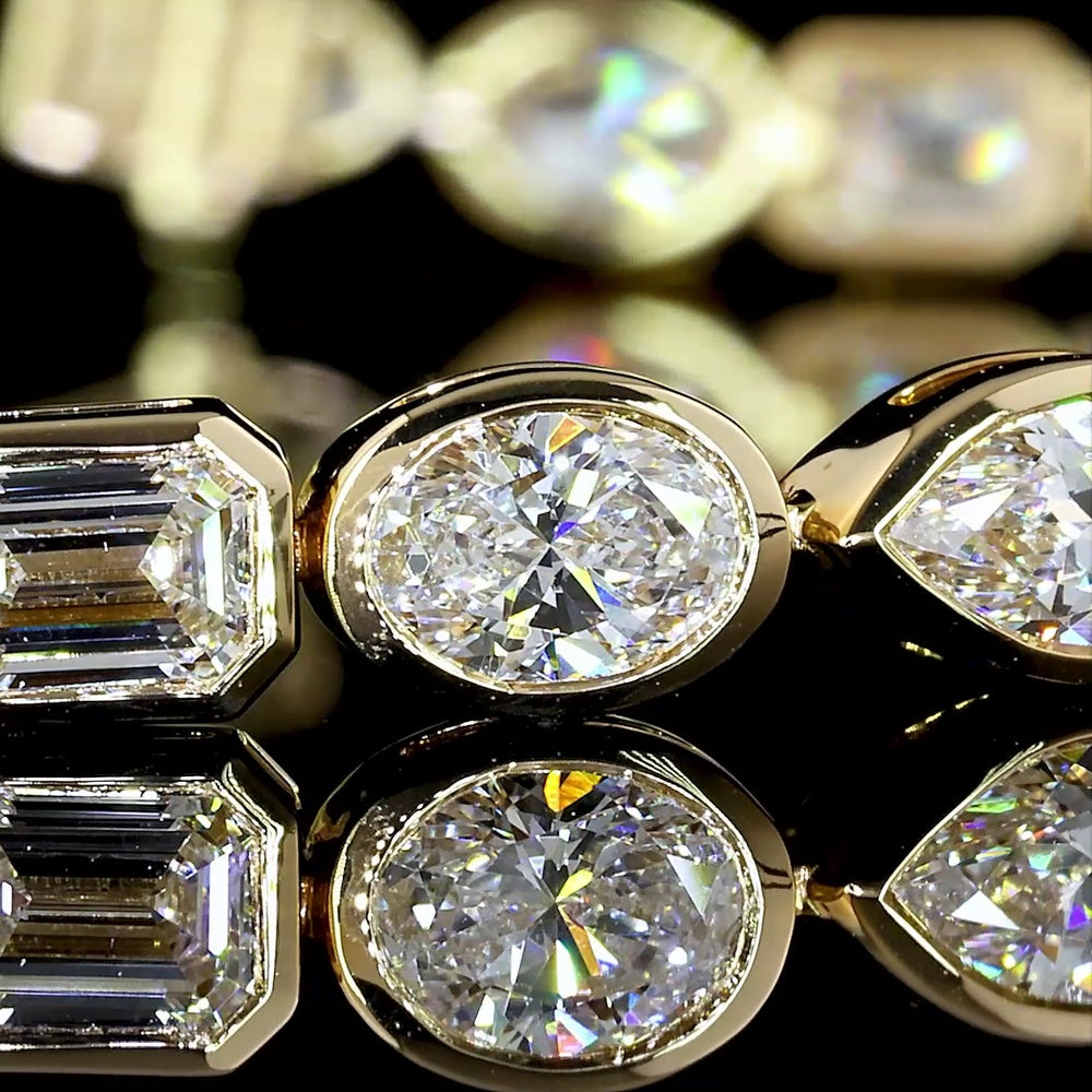 18K Yellow Gold Mixed Shape Tennis Bracelet with Bezel-Set Emerald, Marquise, and Oval Lab Diamonds - 8.26 Carats Total Diamond Weight - Covaloro Fine Jewelry