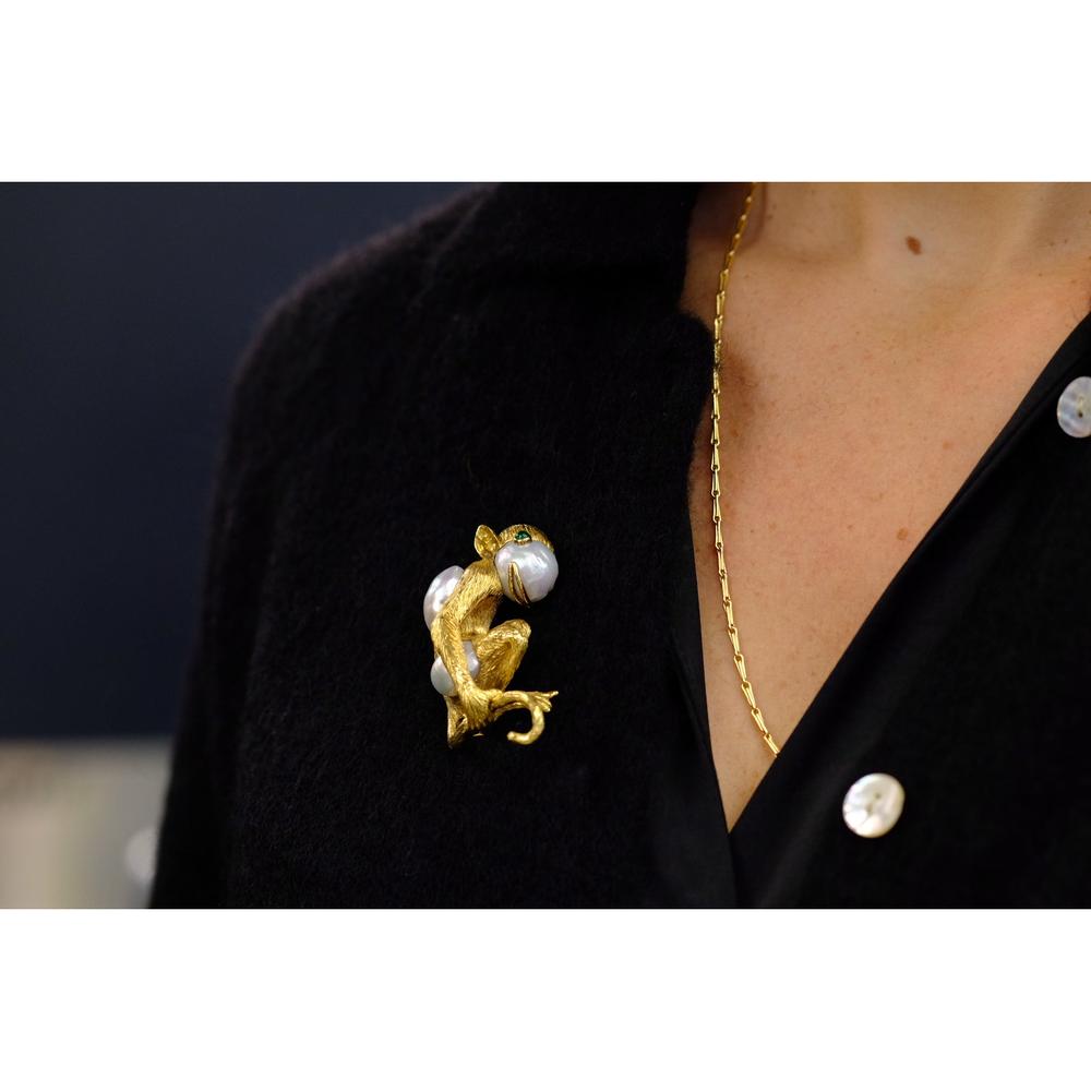 David Webb 18K Yellow Gold Monkey Brooch with South Sea Pearls and