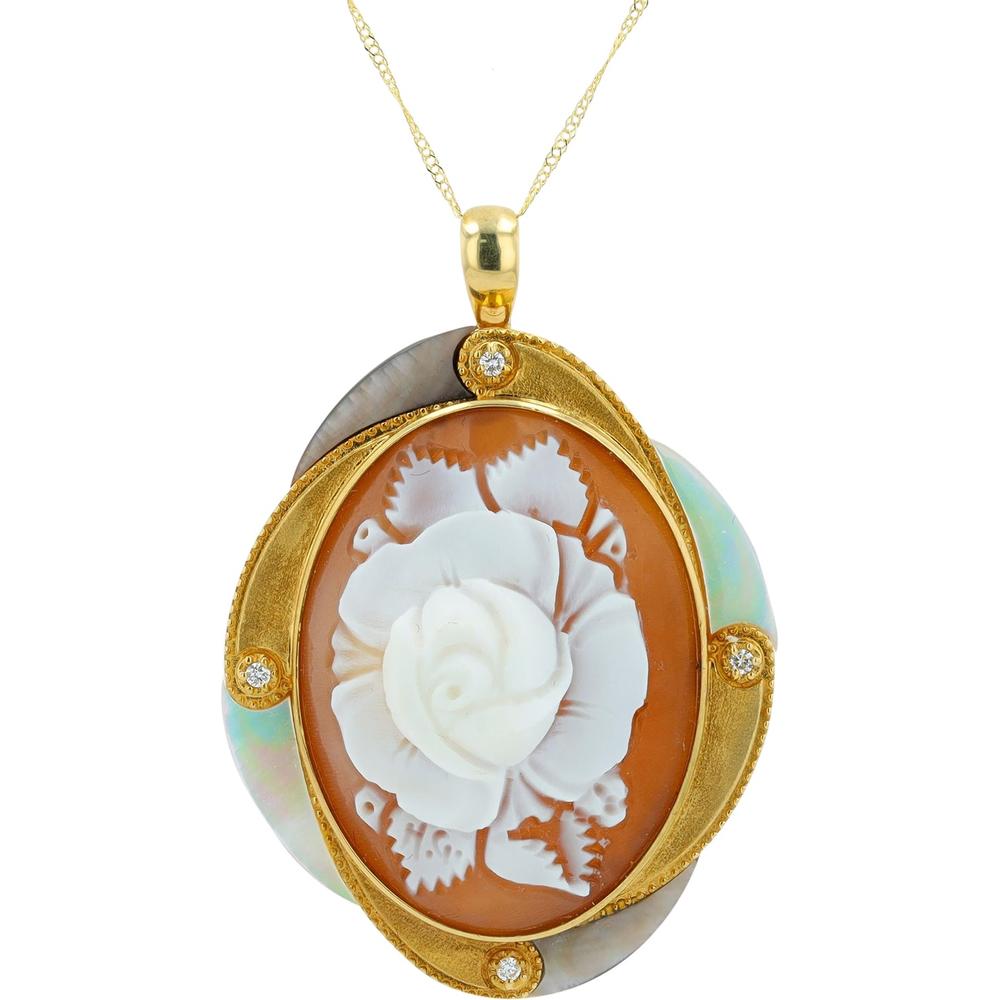 18K Yellow Gold Mother of Pearl and Diamond Pendant with Floral Carving - 0.057 Carat Total Diamond Weight