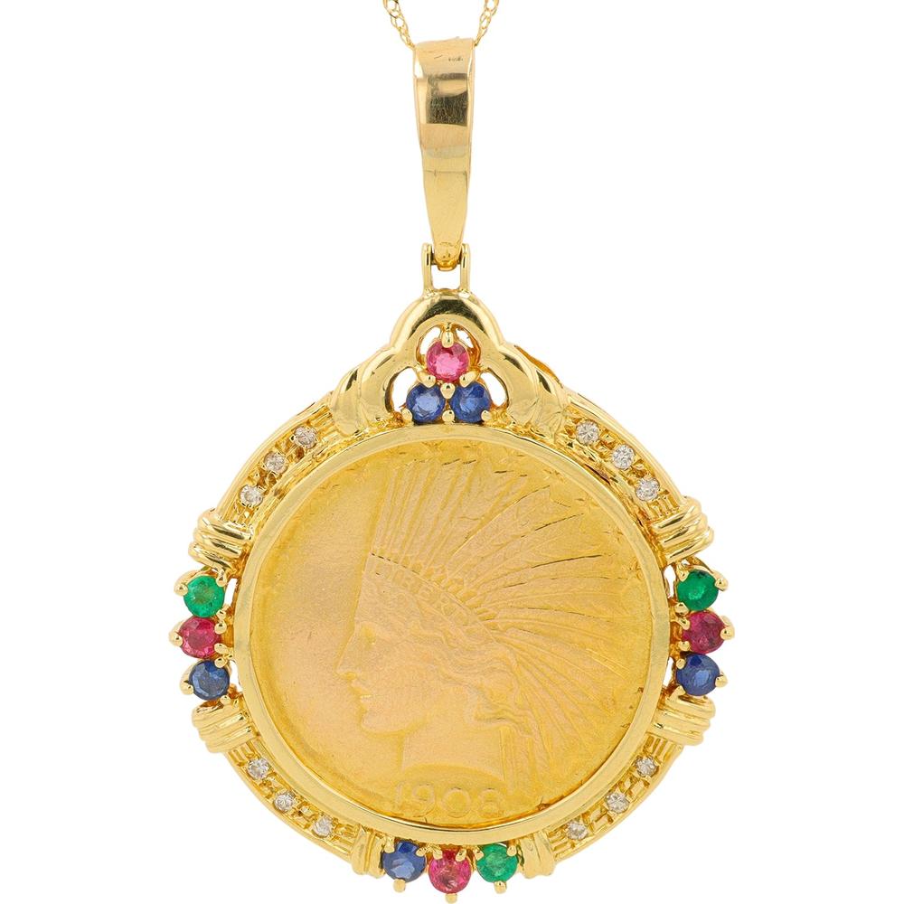 18K Yellow Gold Multi Gemstone Indian Head USA Coin Pendant with Diamonds - 0.43 Carat Total Gem Weight, 0.18 Carat Diamond Weight