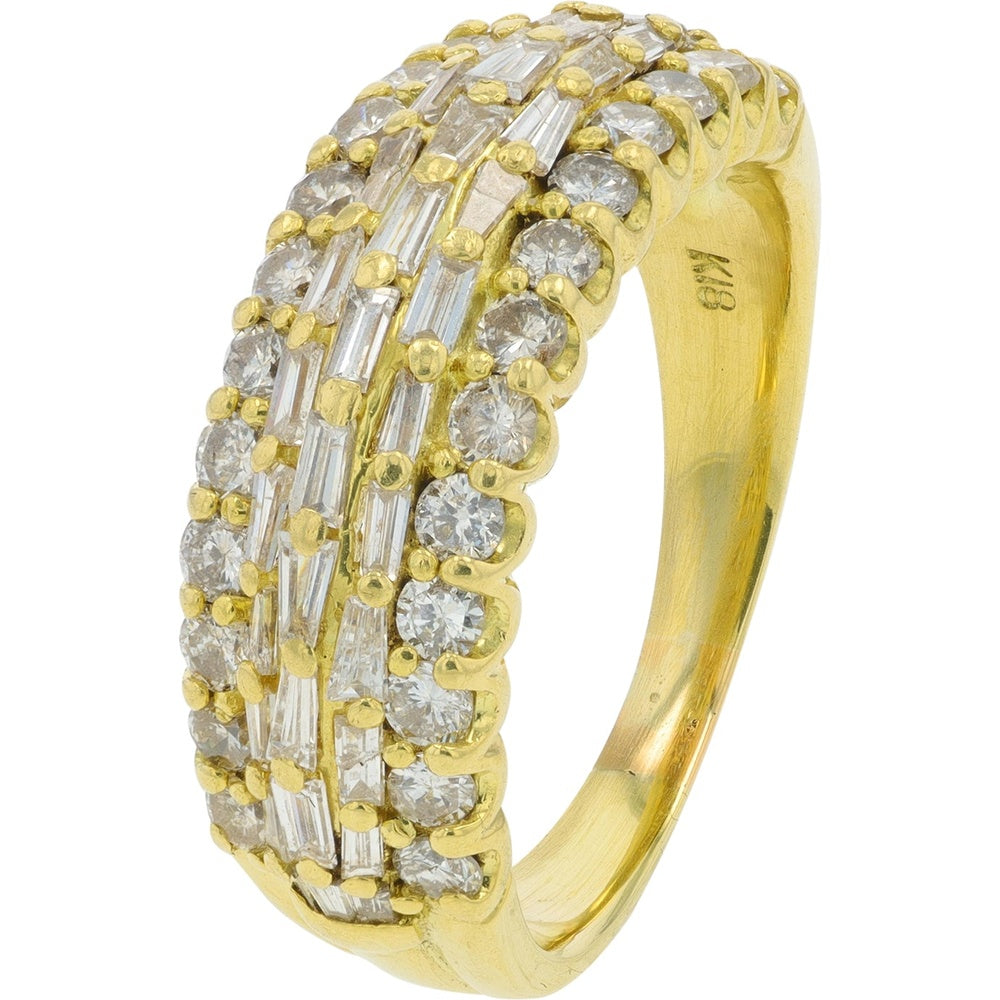 18K Yellow Gold Multi-Row Band Ring with Alternating Round and Baguette Diamonds - 1.54 Carat Total Diamond Weight