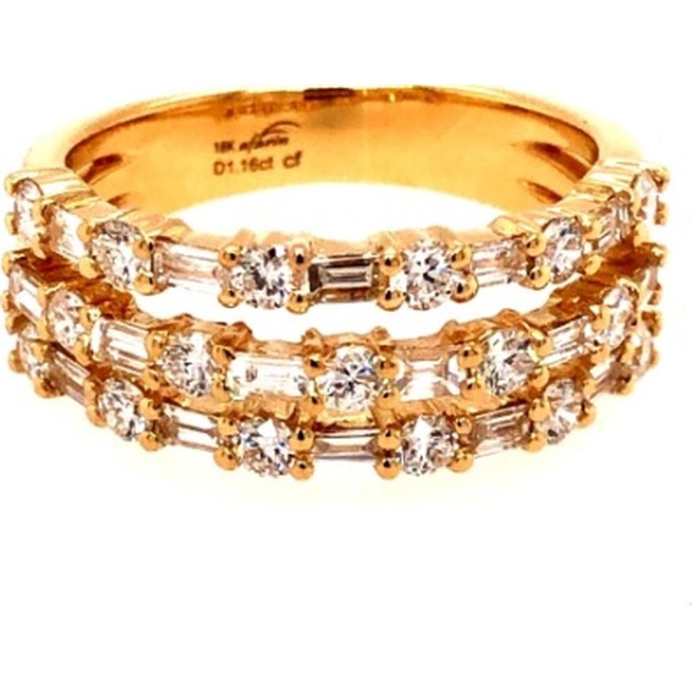 18K Yellow Gold Multi-Row Diamond Ring with Alternating Round and Baguette Diamonds by Afarin