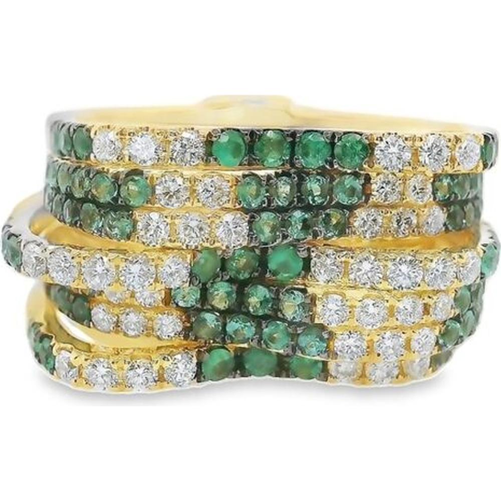 18K Yellow Gold Multi-Row Statement Ring with Round Emeralds and Diamonds by Afarin