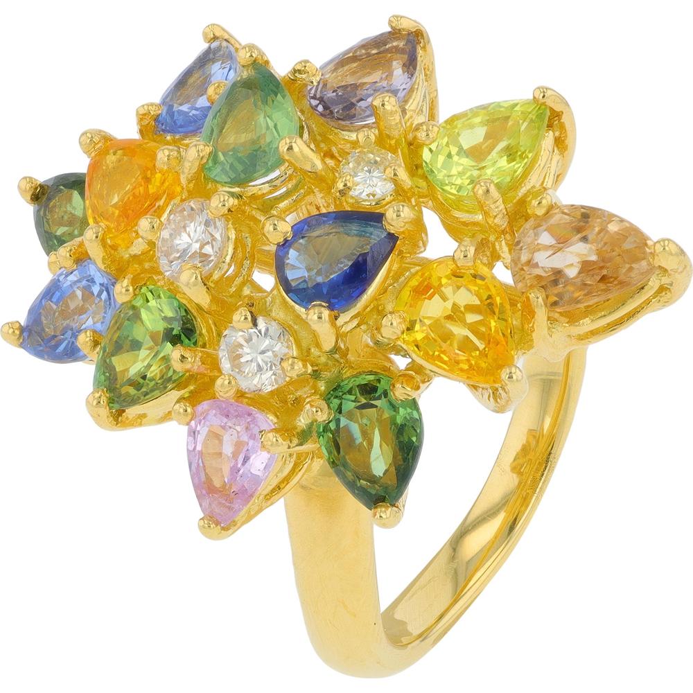 18K Yellow Gold Multi - Sapphire Cluster Ring with 3.72 Carat Total Sapphire and 0.25 Carat Diamond Accents
