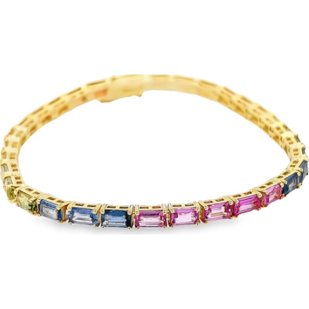 18K Yellow Gold Multi Sapphire Tennis Bracelet with Rectangular Pink and Blue Sapphires by Afarin