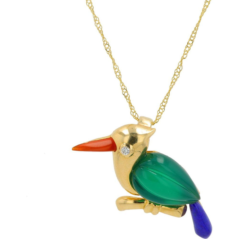 18K Yellow Gold Multicolor Gemstone Bird Pendant with Diamond Accent - Carnelian, Lapis, and Agate