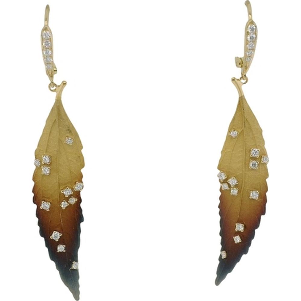 18K Yellow Gold Nature-Inspired Diamond Leaf Drop Earrings by Afarin