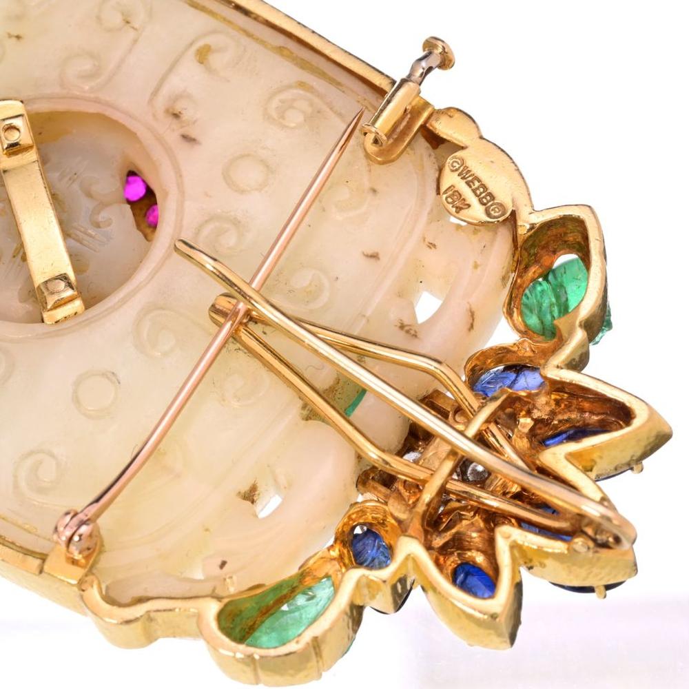 18K Yellow Gold Necklace with Carved Jade Pendant, Emeralds, Sapphires, Rubies, and Diamonds by David Webb - 0.30 Carat Total Diamond Weight