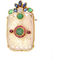 18K Yellow Gold Necklace with Carved Jade Pendant, Emeralds, Sapphires, Rubies, and Diamonds by David Webb - 0.30 Carat Total Diamond Weight