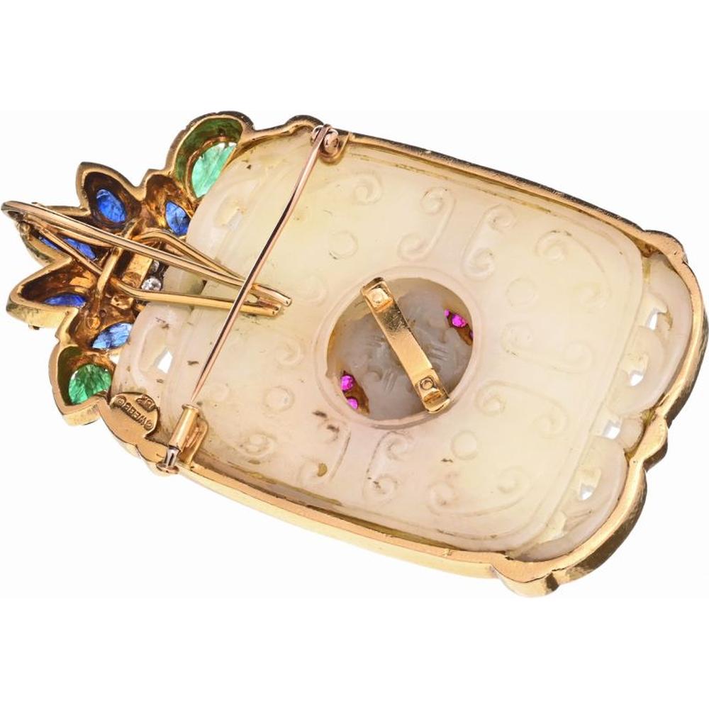 18K Yellow Gold Necklace with Carved Jade Pendant, Emeralds, Sapphires, Rubies, and Diamonds by David Webb - 0.30 Carat Total Diamond Weight