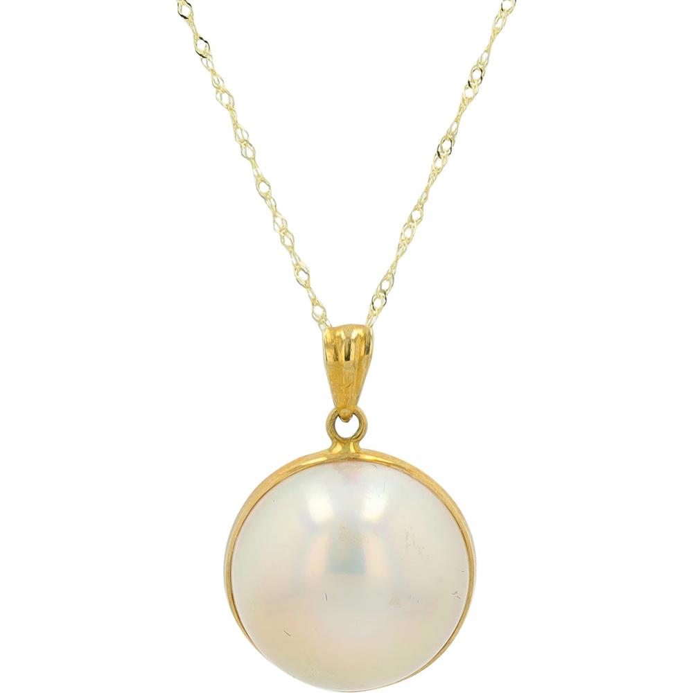 18K Yellow Gold Necklace with Mabe Pearl Pendant - Iridescent Domed Pearl in Bezel Setting