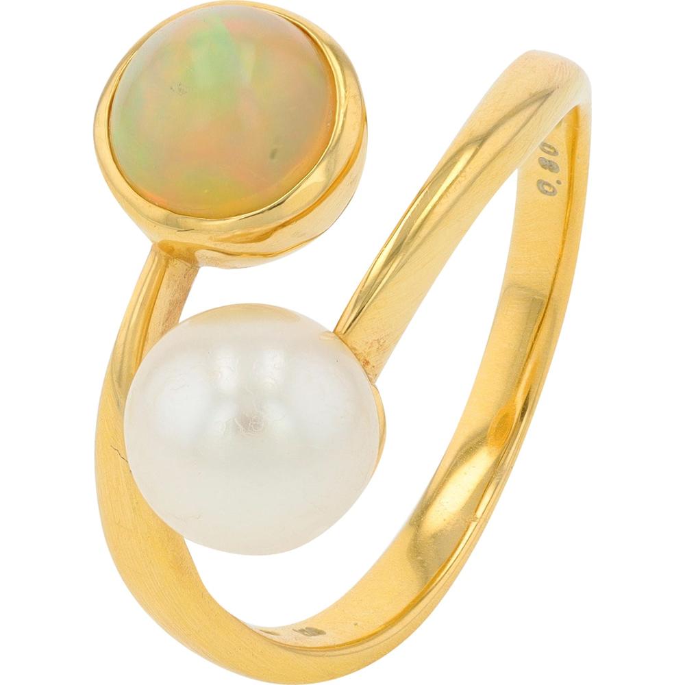 18K Yellow Gold Opal & Pearl Bypass Ring - 0.80 Carat Total Gem Weight