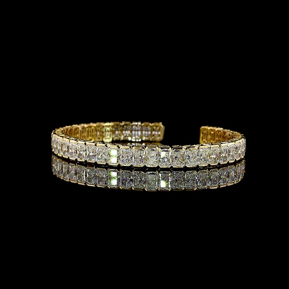 18K Yellow Gold Open Bangle Bracelet with 26.37 Carats Total Weight Radiant Cut Lab Diamonds in Half Bezel Setting - Covaloro Fine Jewelry