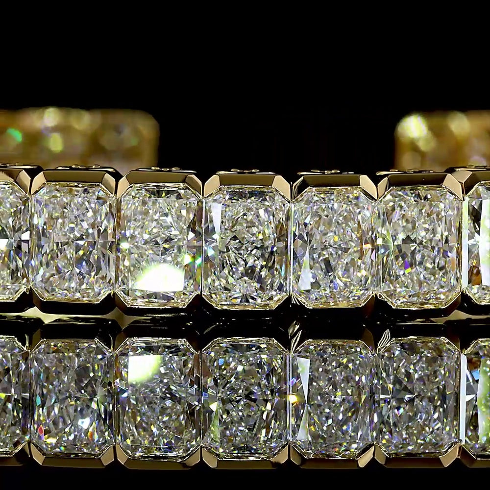 18K Yellow Gold Open Bangle Bracelet with 26.37 Carats Total Weight Radiant Cut Lab Diamonds in Half Bezel Setting - Covaloro Fine Jewelry