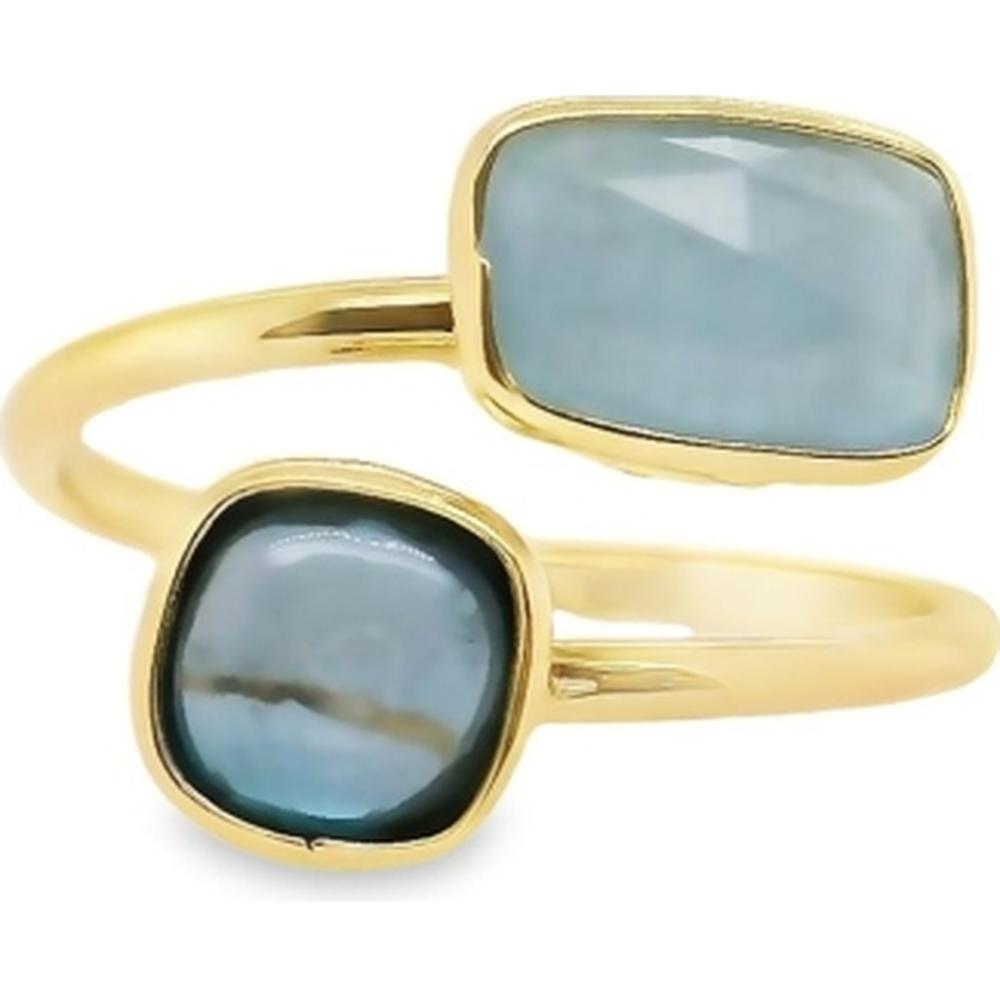 18K Yellow Gold Open Bypass Ring with Bezel-Set Blue Chalcedony Gemstones by Afarin
