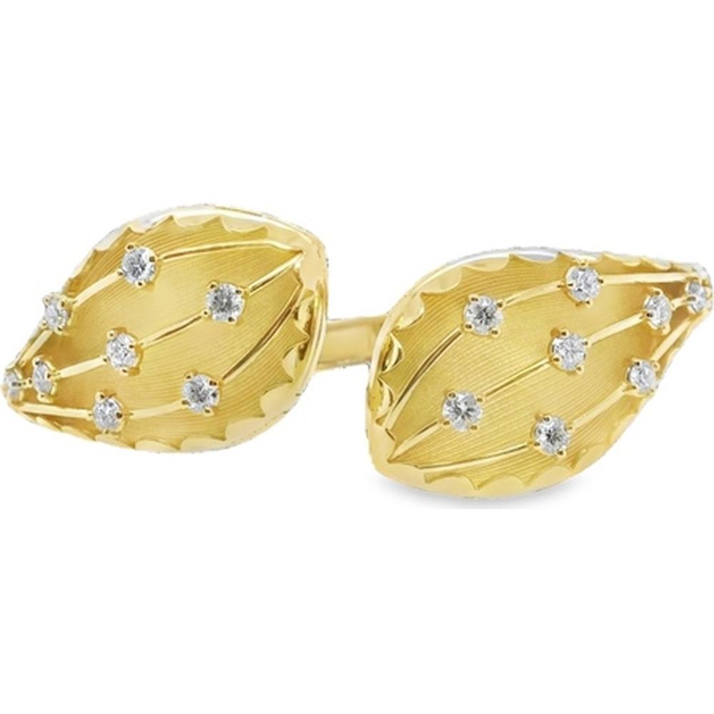 18K Yellow Gold Open Bypass Ring with Leaf Motifs and Round Diamonds by Afarin