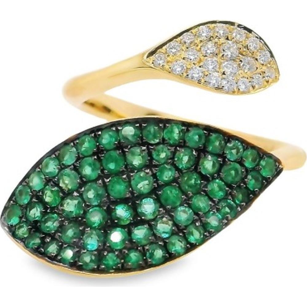 18K Yellow Gold Open Bypass Ring with Pavé Emerald Marquise Motif and Diamond Accent Tip by Afarin