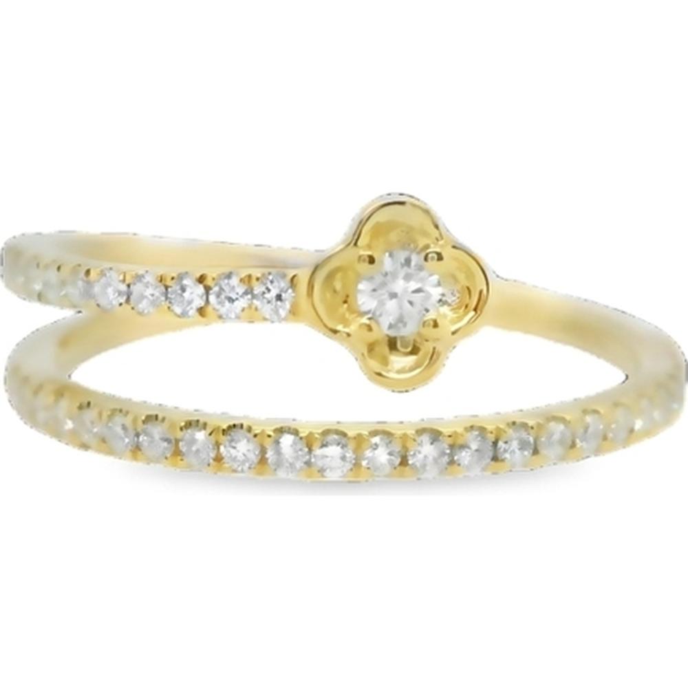 18K Yellow Gold Open Bypass Ring with Round Diamond Floral Center and Pavé Diamond Band by Afarin