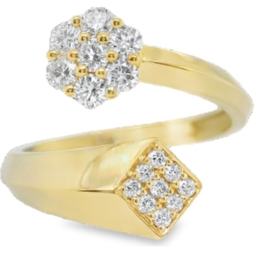 18K Yellow Gold Open Bypass Ring with Round Diamond Flower and Geometric Clusters by Afarin
