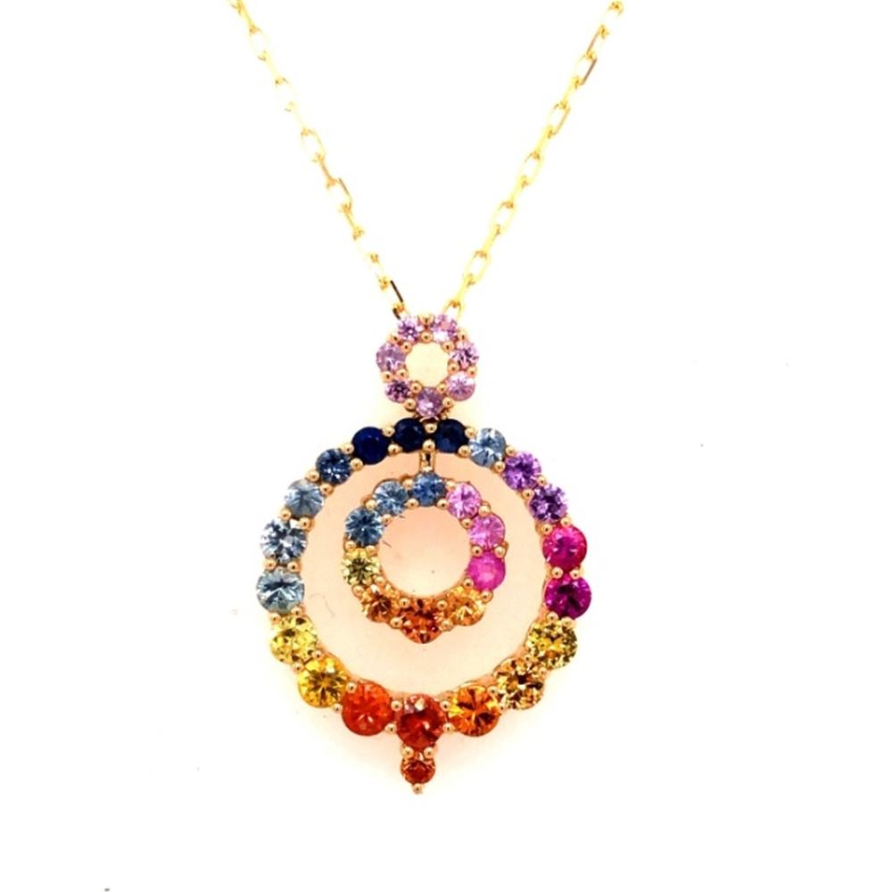 18K Yellow Gold Open Circle Pendant Necklace with Round Multi-Color Sapphires by Afarin