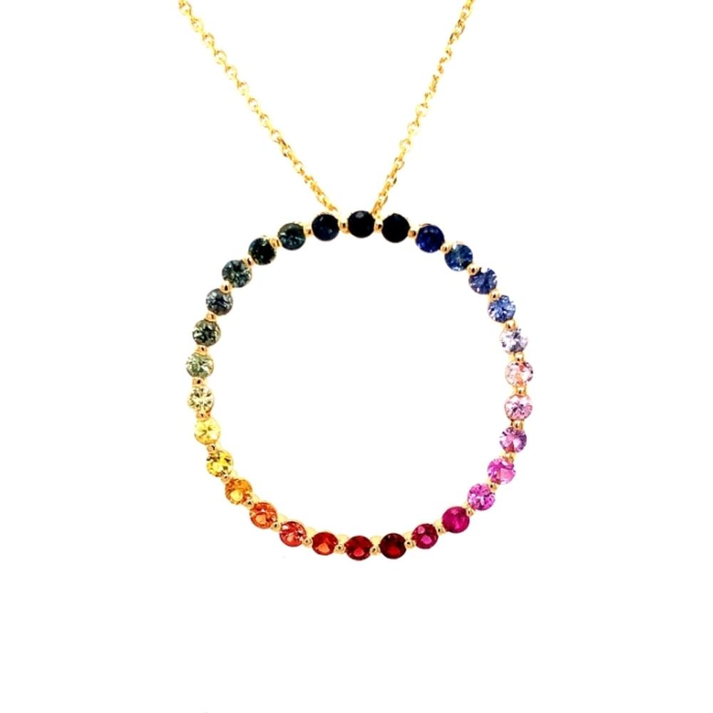 18K Yellow Gold Open Circle Pendant Necklace with Round Multi Sapphires by Afarin