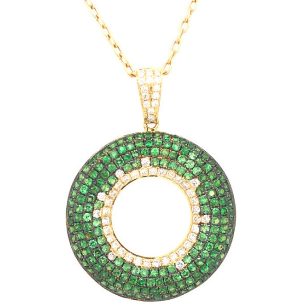 18K Yellow Gold Open Circle Pendant with Pavé Tsavorites and Round Diamond Accents by Afarin