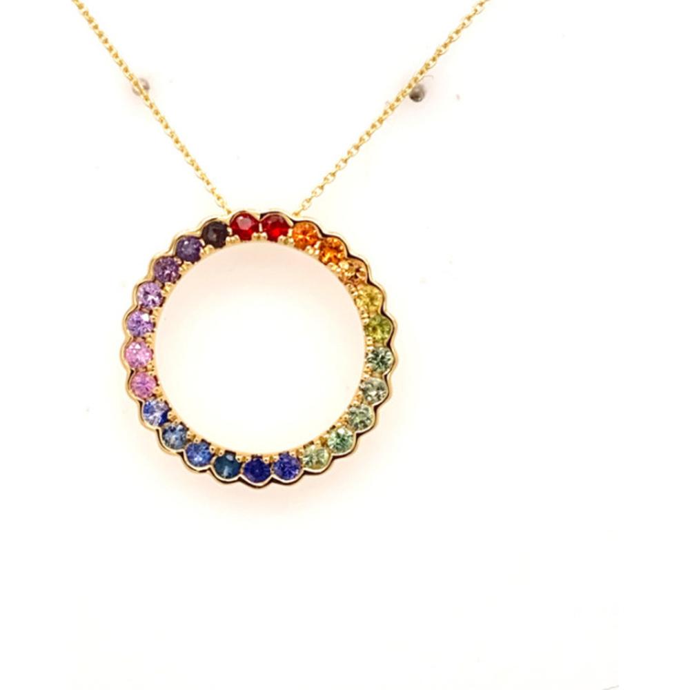 18K Yellow Gold Open Circle Pendant with Round Multi-Color Sapphires by Afarin