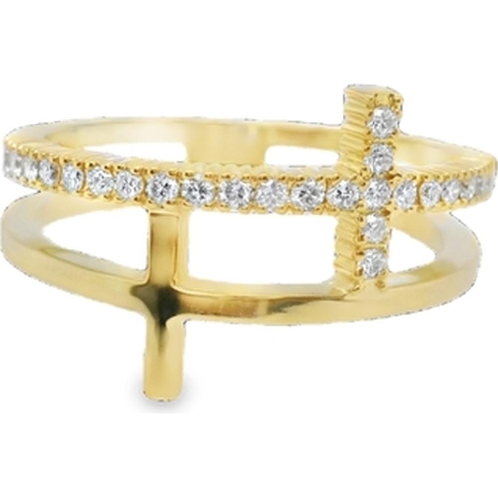 18K Yellow Gold Open Cross Ring with Pavé Set Round Diamonds by Afarin