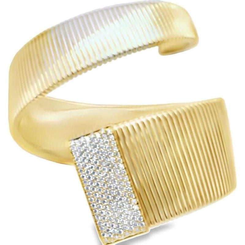 18K Yellow Gold Open Diamond Bangle Bracelet with Textured Ribbed Desi ...