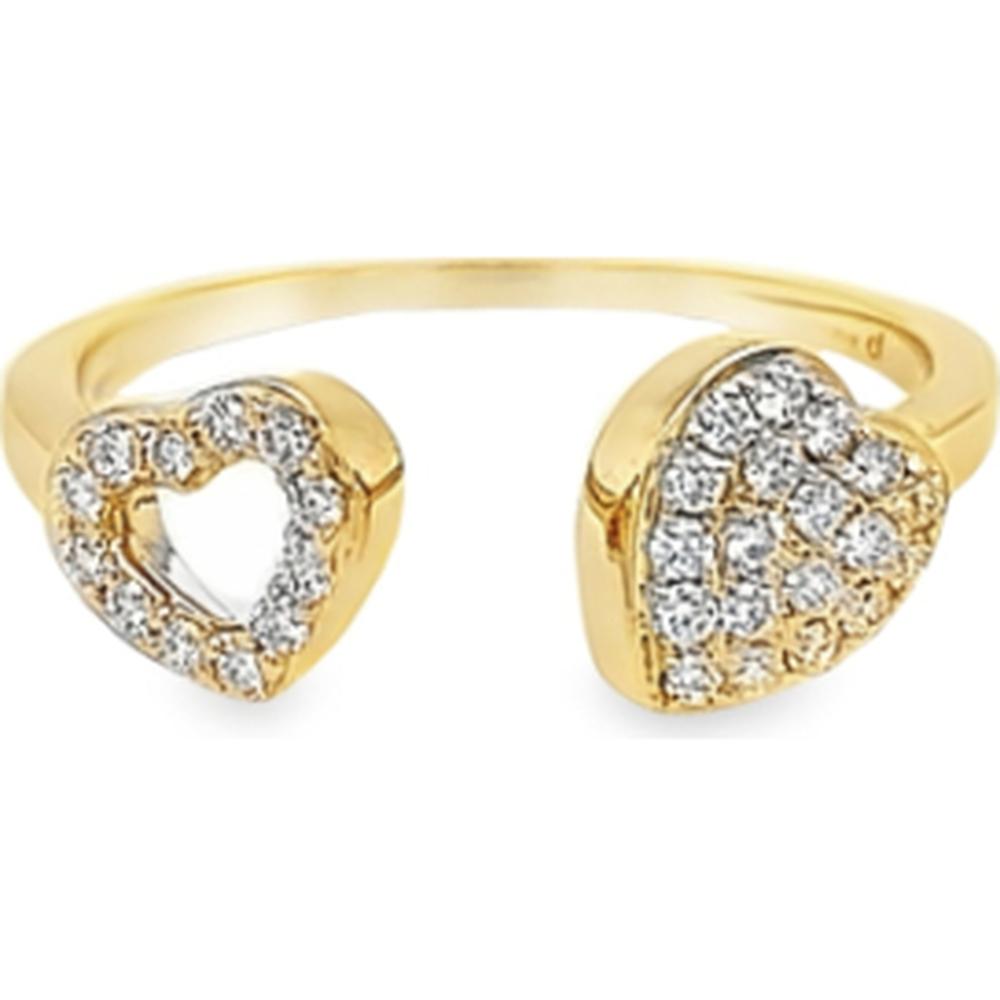 18K Yellow Gold Open Heart Diamond Ring with Pavé and Diamond Outline Hearts by Afarin